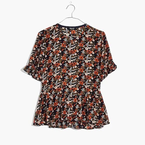 Madewell Silk Studio Ruffle-Hem Top Prairie Blossoms in Woodland Warm Nutmeg XS - Picture 1 of 14